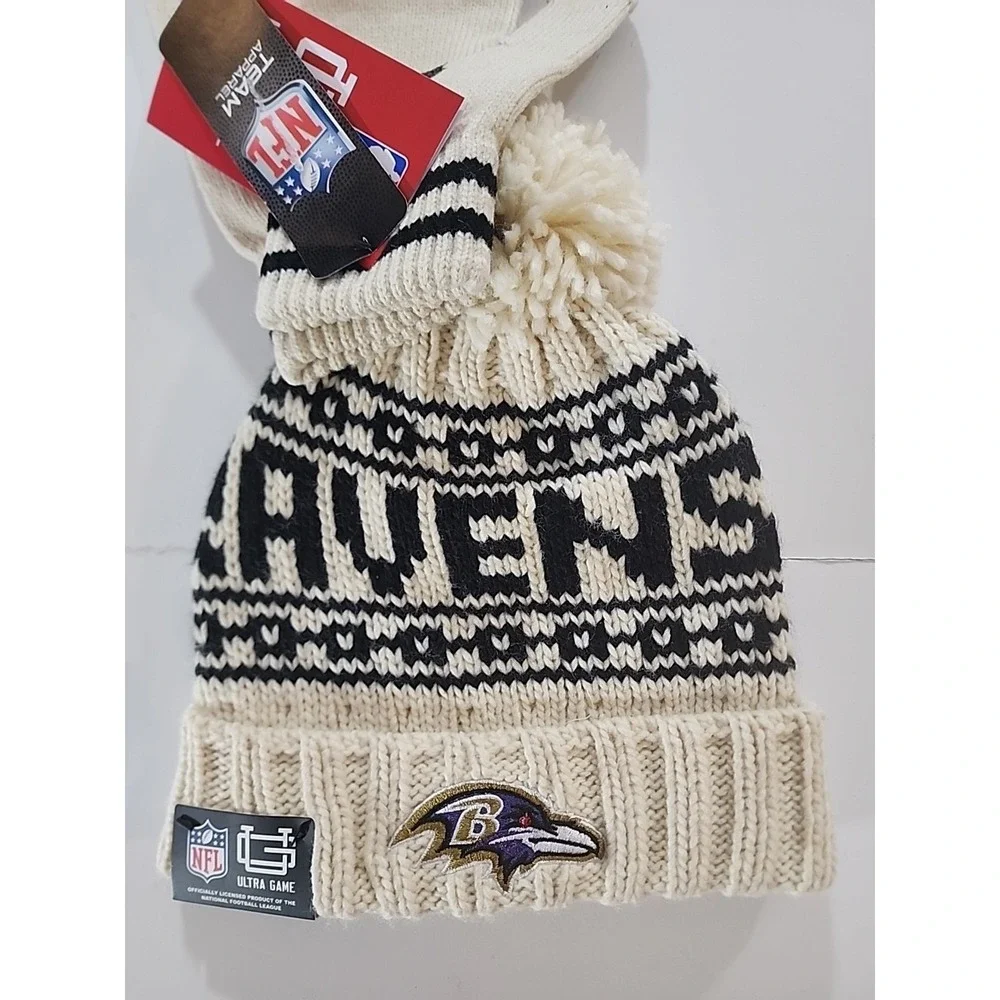 Baltimore Ravens Team Apparel Knit Beanie‎ & Gloves Set Cream NWT